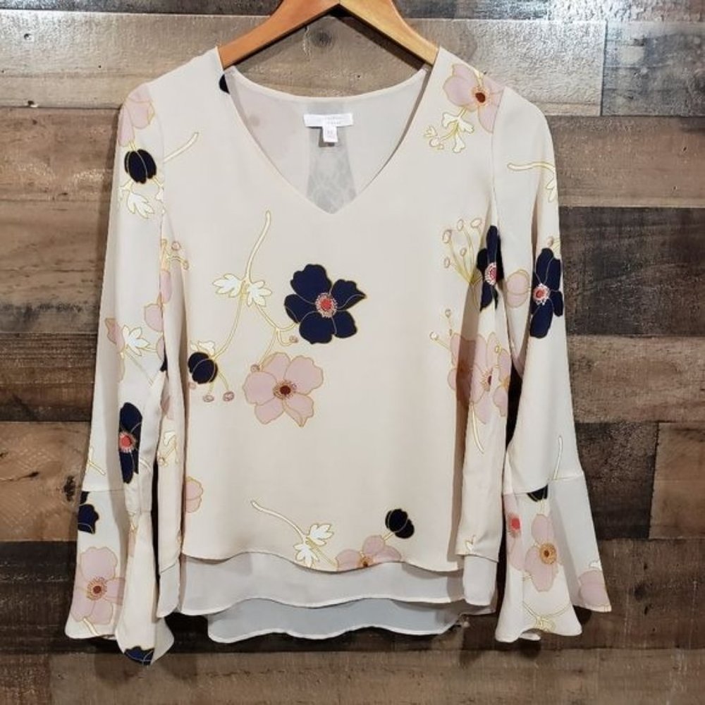 Lauren Conrad floral print bell sleeve layered blouse woman's size extra‎ small